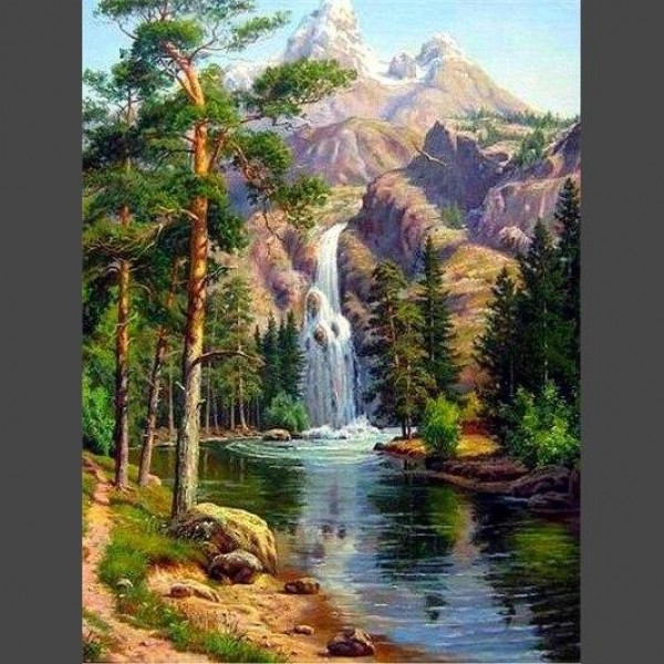 Wasserfall im schönem Wald Diamond Painting Diamant Malerei