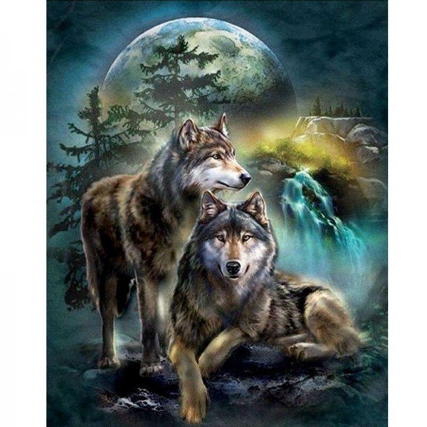 Wolf mit Wasserfall und Wald Diamond Painting Diamant Malerei