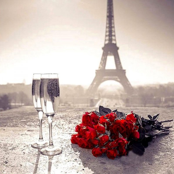 Eiffelturm mit Rosen und Champagne Diamond Painting Diamant Malerei