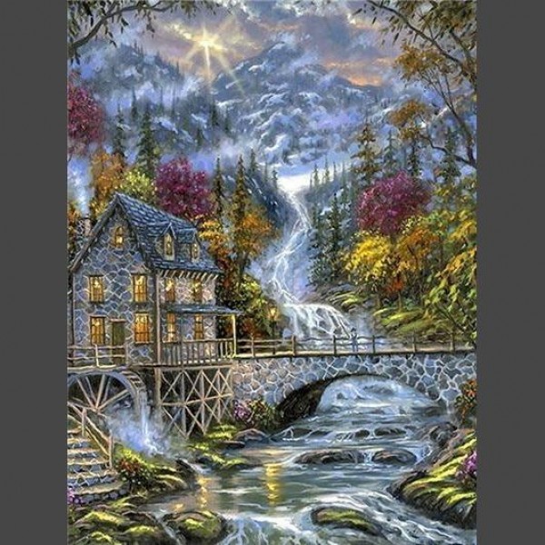 Fantasie Wasserfall neben Haus Diamond Painting Diamant Malerei