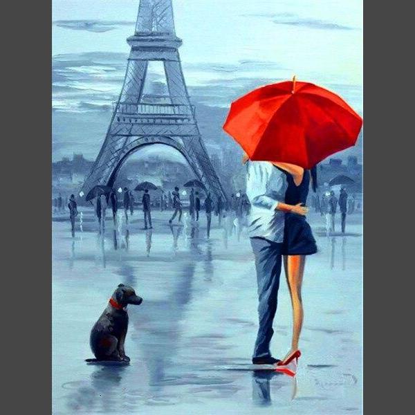 Fantasie Paris - Paar - Hund Diamond Painting Diamant Malerei