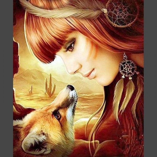 Fantasie Frau mit Wolf Diamond Painting Diamant Malerei
