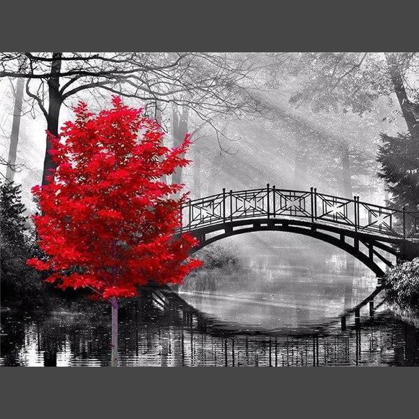 Brücke mit rotem Baum Diamond Painting Diamant Malerei